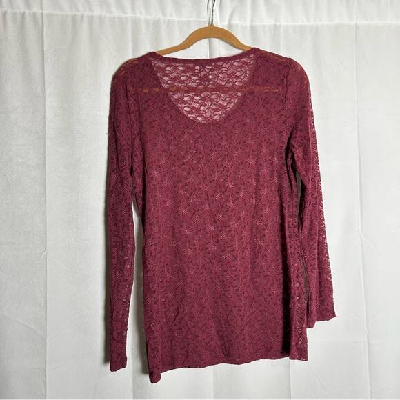 Soft Surroundings Sheer Floral Lace Maroon Scoop Neck Long Sleeve Blouse Medium - Picture 2 of 4